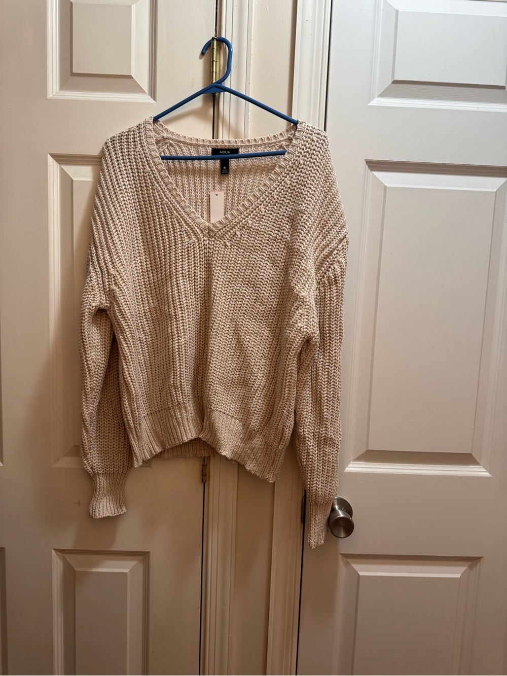 Aqua Oversized V-Neck Cable Knit Sweater in Cream
